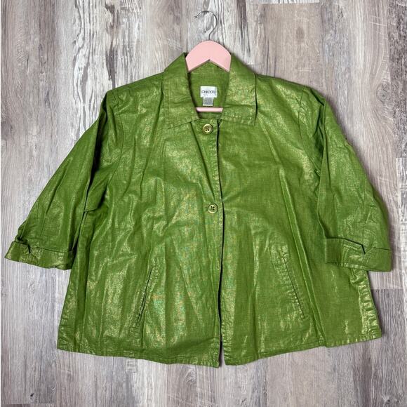 Chico’s Metallic Green Linen Blend Swing Jacket Women’s Size XL Shimmer Coat - Picture 1 of 8